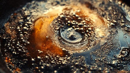 Obraz premium A close-up view of a pan with hot oil bubbling and swirling in the center.