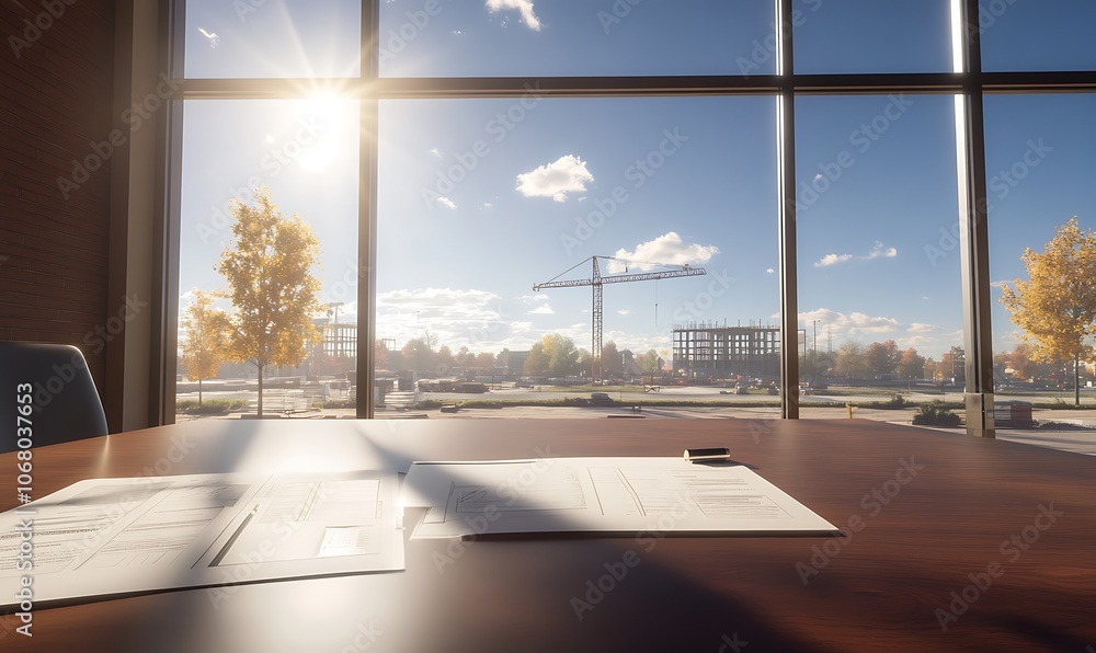 Aufkleber A bright office space with large windows offering a view of trees and a clear sky, featuring a wooden table and papers scattered atop.