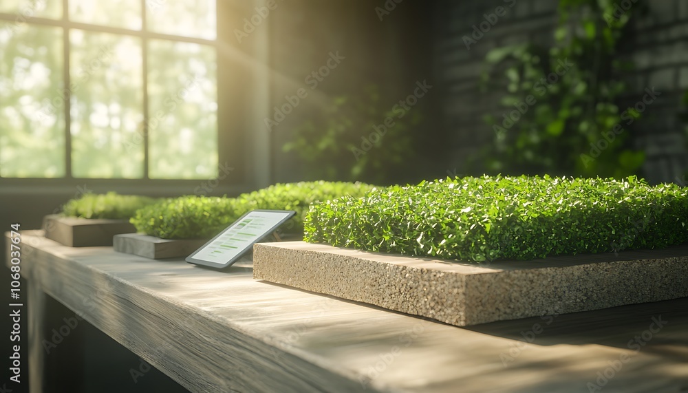 Poster a well-lit indoor setting featuring green grass samples displayed on a wooden table next to a smartp