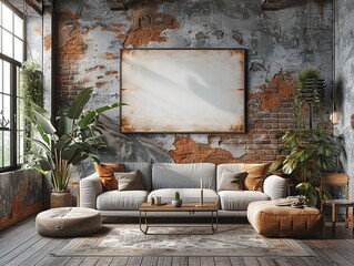 A stylish living room with a rustic vibe, featuring plants and a large blank canvas.