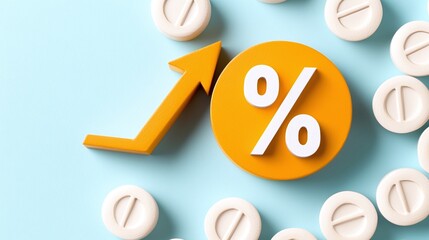 A visually appealing arrangement featuring a percentage symbol and an upward arrow, surrounded by circular tablets, representing growth and health.