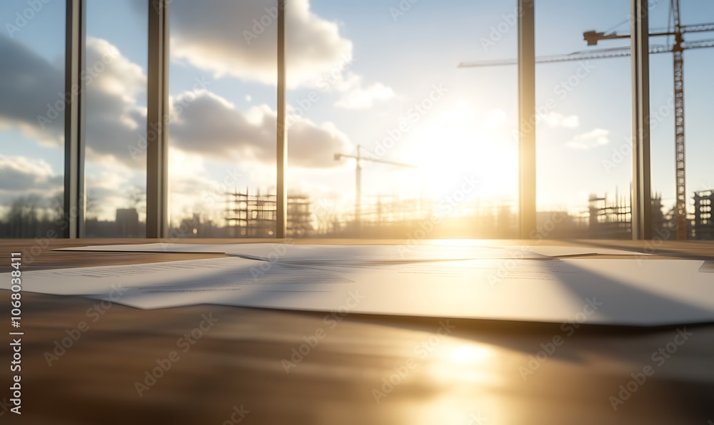 Aufkleber a sunlit construction site with blueprints scattered on the floor, showcasing cranes and a modern ar