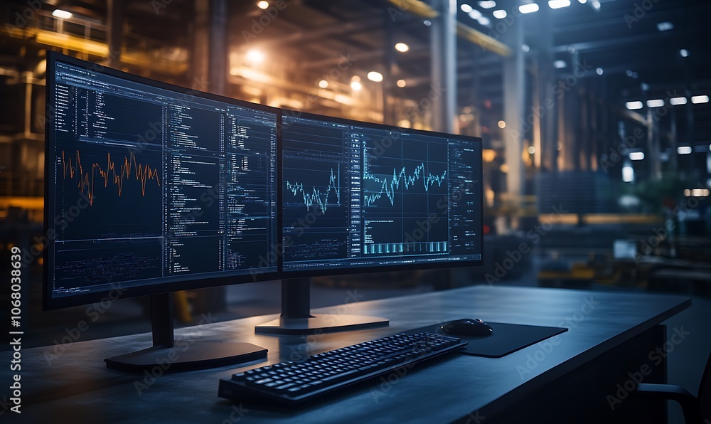 Poster A sleek workstation with dual monitors displaying data analytics, set in a modern industrial environment with ambient lighting.