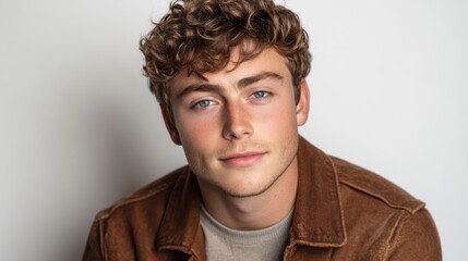 Obraz premium Handsome Young Man Portrait Curly Hair Brown Jacket Studio Shot