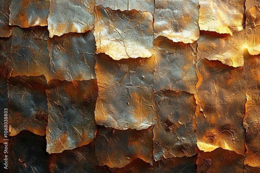 Poster a textured wall composed of overlapping metallic sheets, creating a warm, reflective surface.