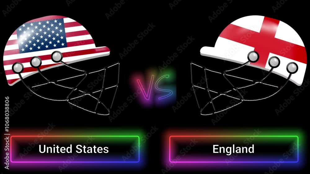 Poster United States vs England match animation with flags on helmets and colorful border over text all on black background