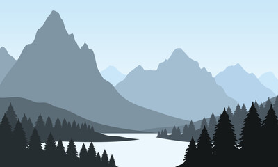 Vector blue mountain landscape with clean sky, calm river and pine trees silhouettes