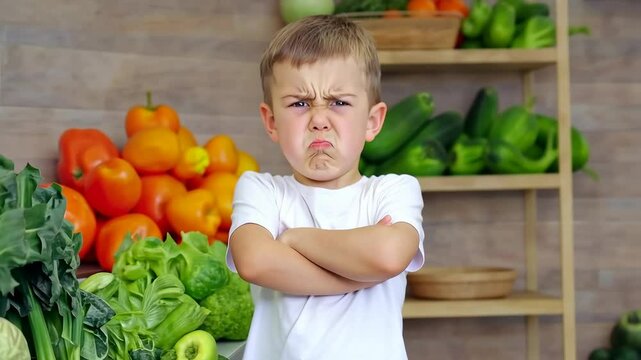 A young boy stands in front of a shelf of vegetables, looking unhappy with his arms crossed