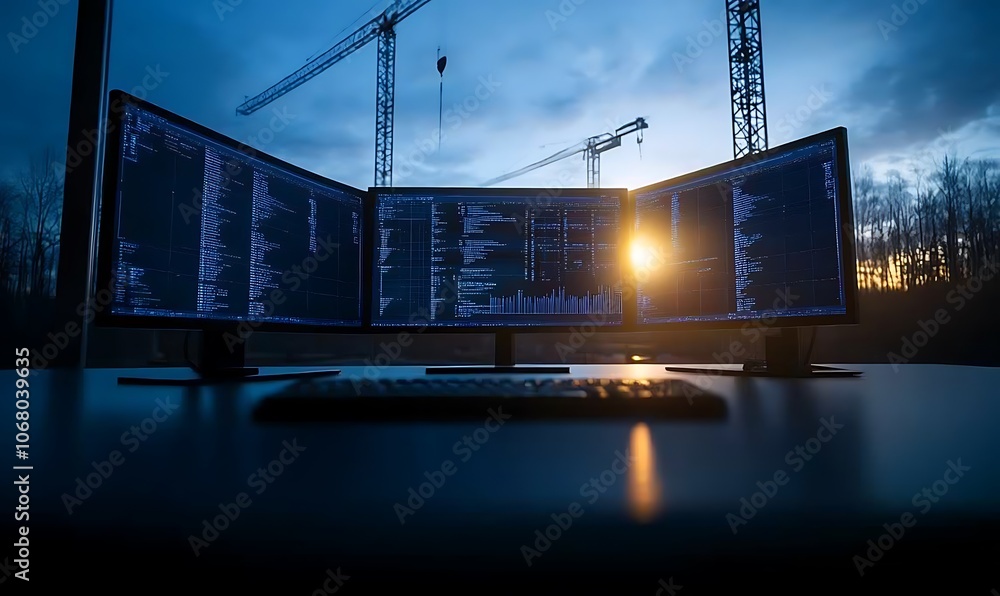 Poster A modern workspace featuring three monitors displaying data against a backdrop of construction cranes and a sunset.