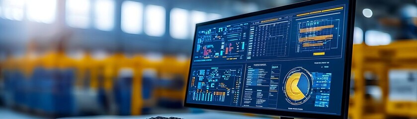 A modern monitor displaying data analysis on a bright screen in a factory setting, showcasing technology and digital information.