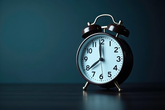 Classic alarm clock on a wooden surface against a dark background in a well-lit room during the day