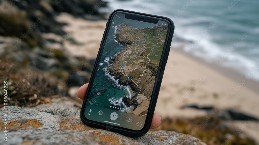 Poster coastal navigation app on smartphone by ocean