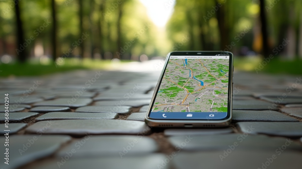 Poster smartphone navigation app on cobblestone path