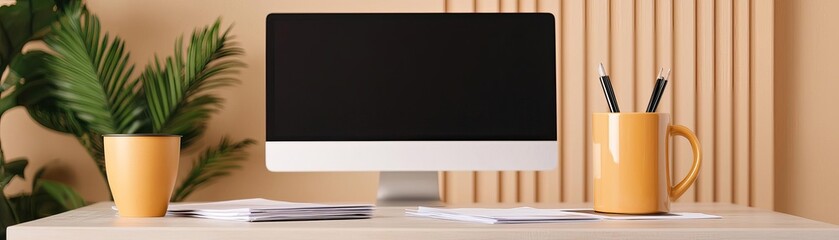 Adaptation to economic challenges, workspace with marketing materials spread out, clean desk, modern minimalist design, warm lighting, natural tones, focused details
