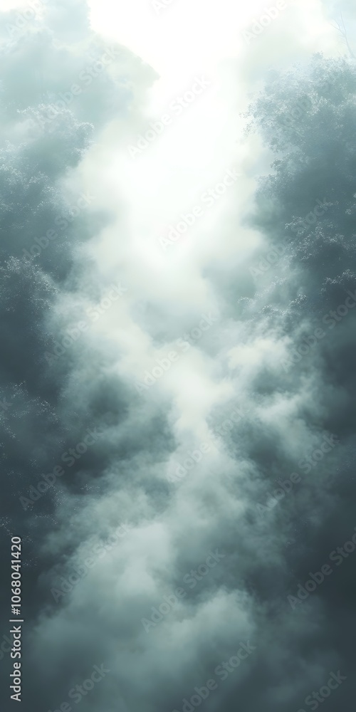 Poster a mesmerizing view of billowing gray clouds illuminated by a soft light, creating a dramatic atmosph