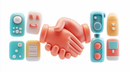 Obraz premium 3D rendered handshake icon surrounded by colorful app icons on white background.