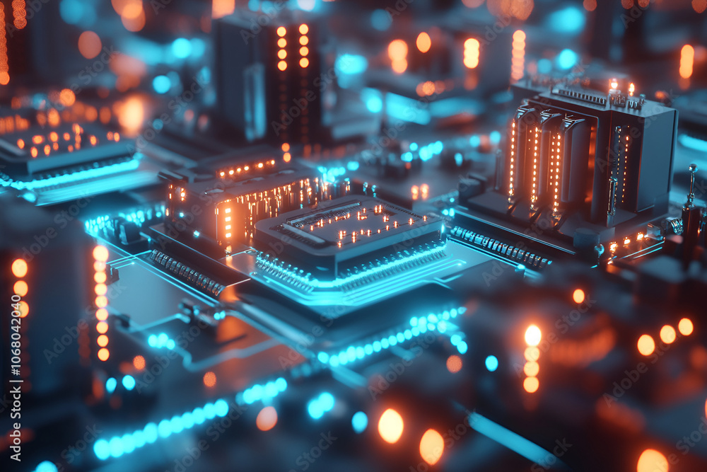 Poster aofthanit cpu chips are strategically positioned on a circuit board connected by advanced electrical