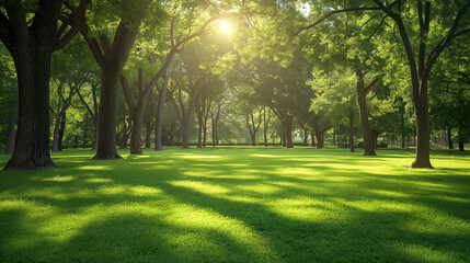 Obraz premium Sunlit forest park with lush green grass and tall trees