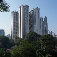 Fototapeta premium High rise apartment building in the city with a cloudy sky background.