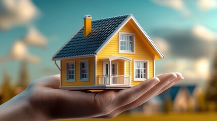 Hand holding a miniature yellow house model