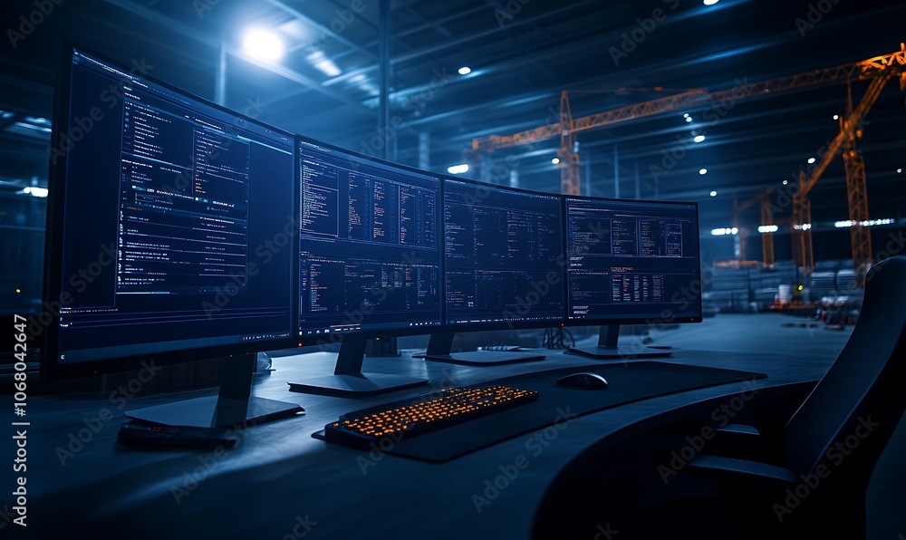 Aufkleber A dark, high-tech control room featuring multiple illuminated screens and keyboards, set in an industrial environment with a futuristic feel.