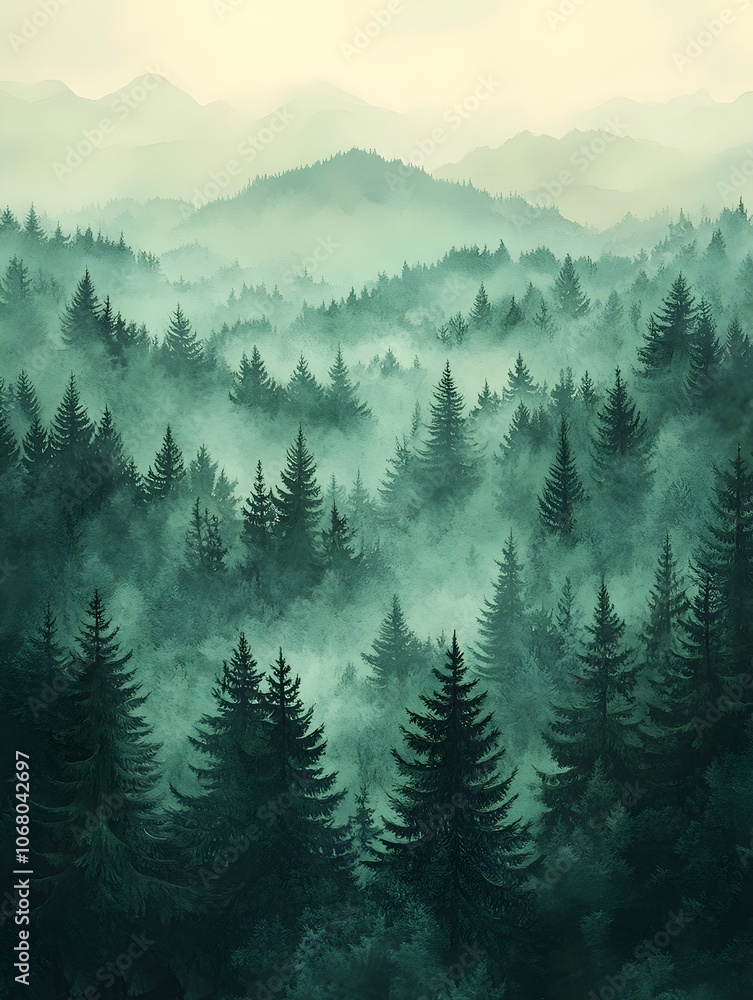 Poster a serene view of a dense forest at dawn, featuring tall evergreen trees shrouded in mist, creating a