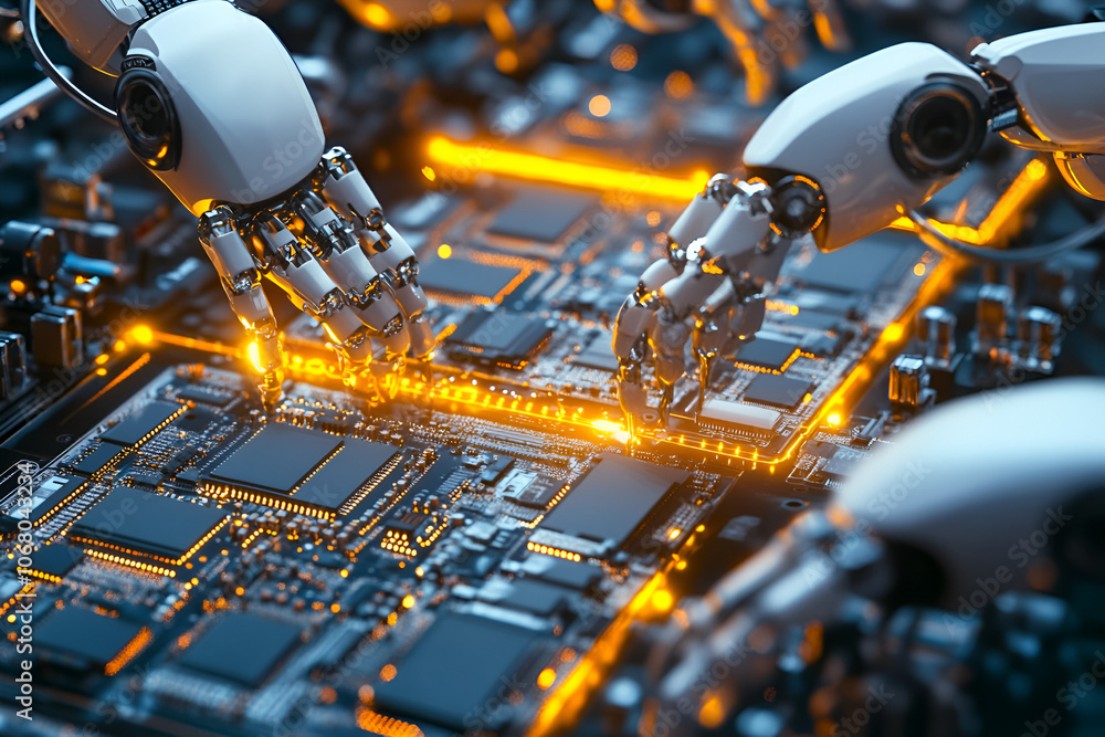 Aufkleber robotic arms precisely place cpu chips on a circuit board to enhance connectivity and performance