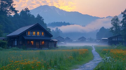 Fototapeta premium Serene Morning Fog Over Nagano Mountains in Japan