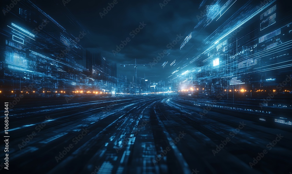 Poster abstract digital landscape showcasing vibrant blue lights and dynamic lines, evoking a sense of spee