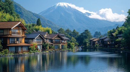 Fototapeta premium Scenic Coastal Town Views of Hakone and Mountain