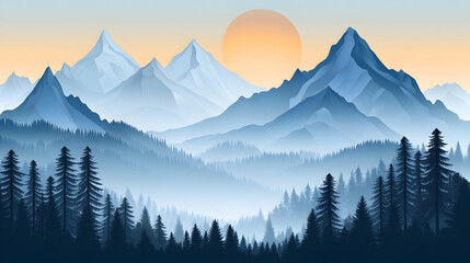 Obraz premium A misty morning view of a mountain range with the sun rising behind the peaks.