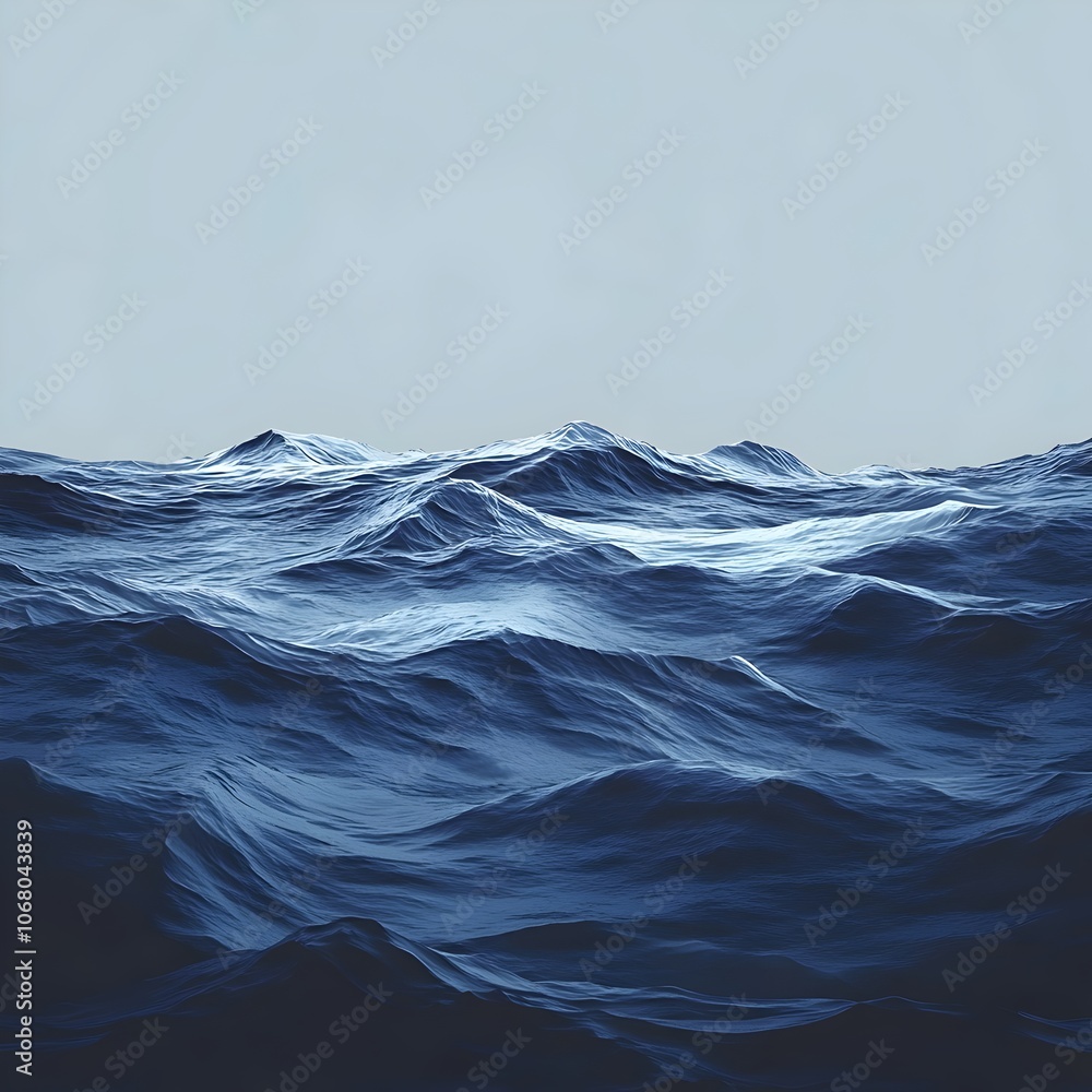 Poster a serene view of deep blue ocean waves in motion, creating a calming atmosphere. the waves reflect l