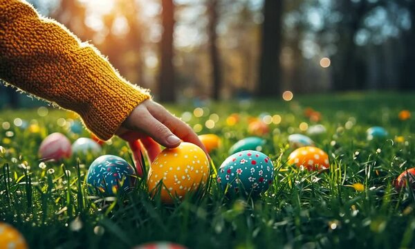Vibrant easter egg hunt: hand grasping colorful eggs in sunny meadow.