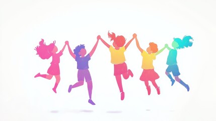 A vibrant cartoon drawing of joyful children holding hands and jumping, in a playful clip art style, set against a simple white background.