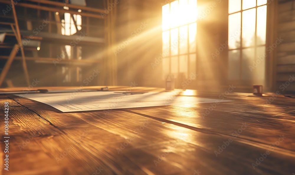 Aufkleber a sunlit workshop with a wooden table, blueprints scattered, creating a warm, inviting atmosphere of