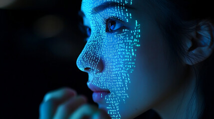 Programmer's profile with code projected, blending human and tech.