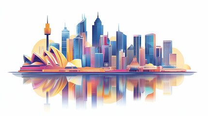 Naklejka premium Colorful illustration of the Sydney skyline with the Opera House, Harbour Bridge, and other iconic landmarks.