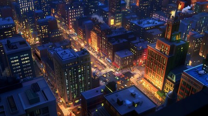 Fototapeta premium An aerial view of a vibrant cityscape at night, with towering skyscrapers, bustling streets, and dynamic lighting casting long shadows across the buildings, enhancing the urban atmosphere. 