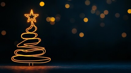 Neon Christmas Tree Outline with Luminous Star and Soft Bokeh on Cozy Dark Background