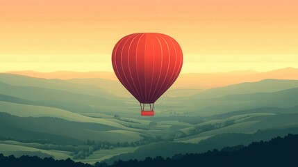 Fototapeta premium Hot Air Balloon Floating Over Green Valleys at Sunrise