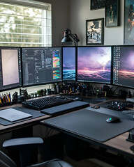Fototapeta premium Modern home office with four monitors, keyboard, mouse, and laptop.