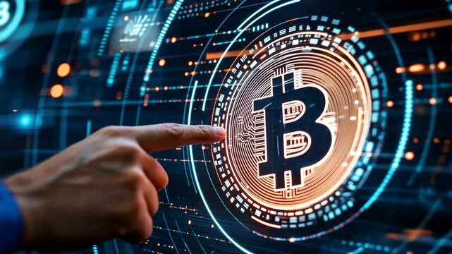 A hand points to a digital representation of Bitcoin, highlighting the increasing use of cryptocurrency in the modern world