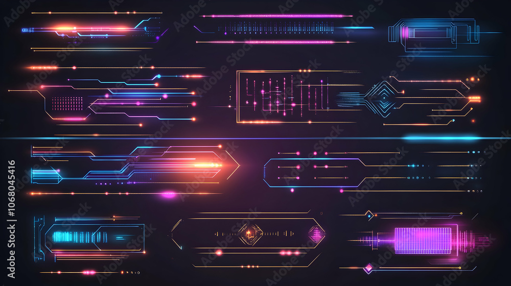 Poster neon futuristic hud interface elements set.