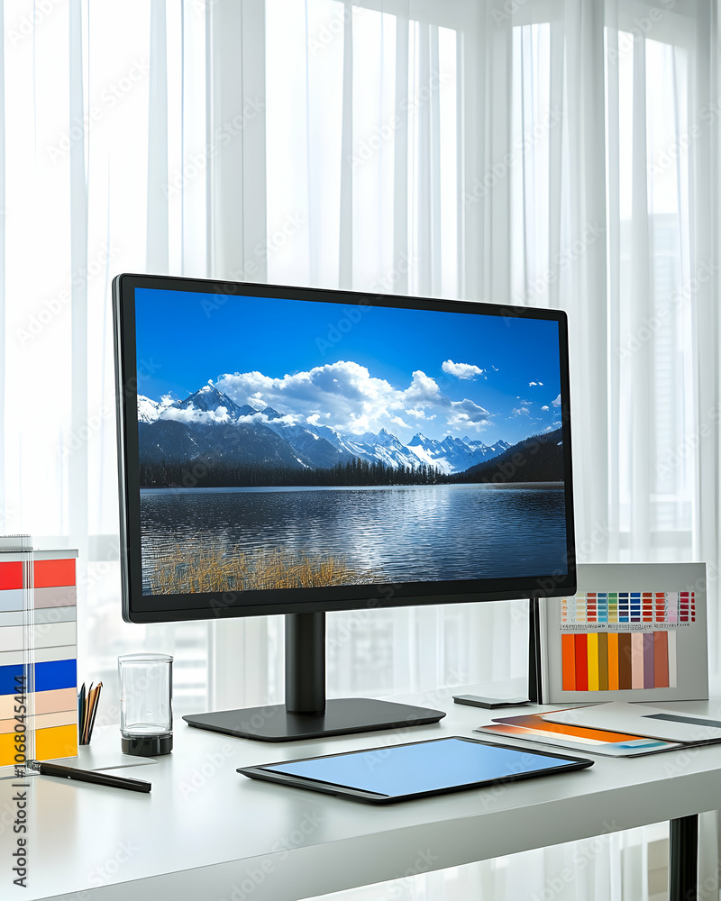 Poster modern workspace with computer, tablet, and design elements.