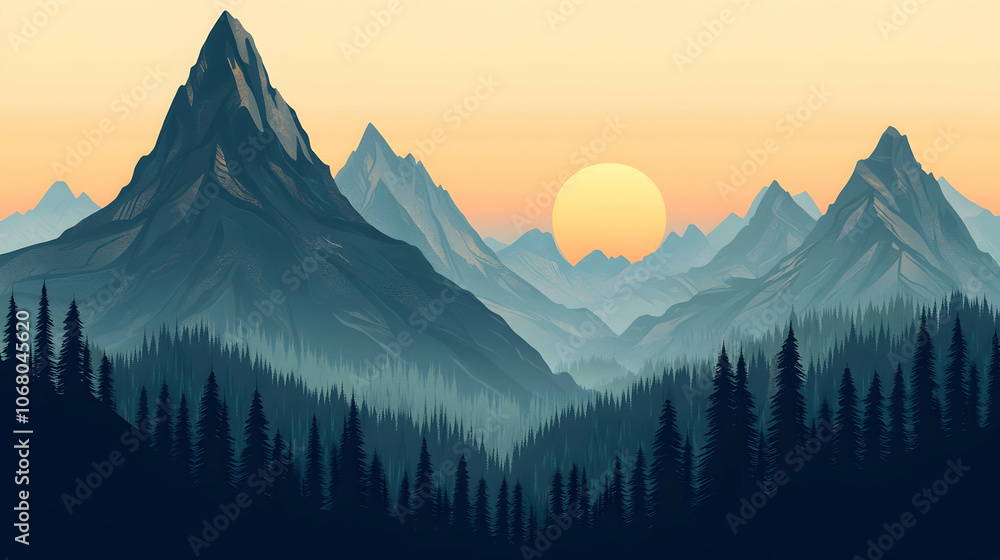 Poster sunset over a mountain range with a forest in the foreground.