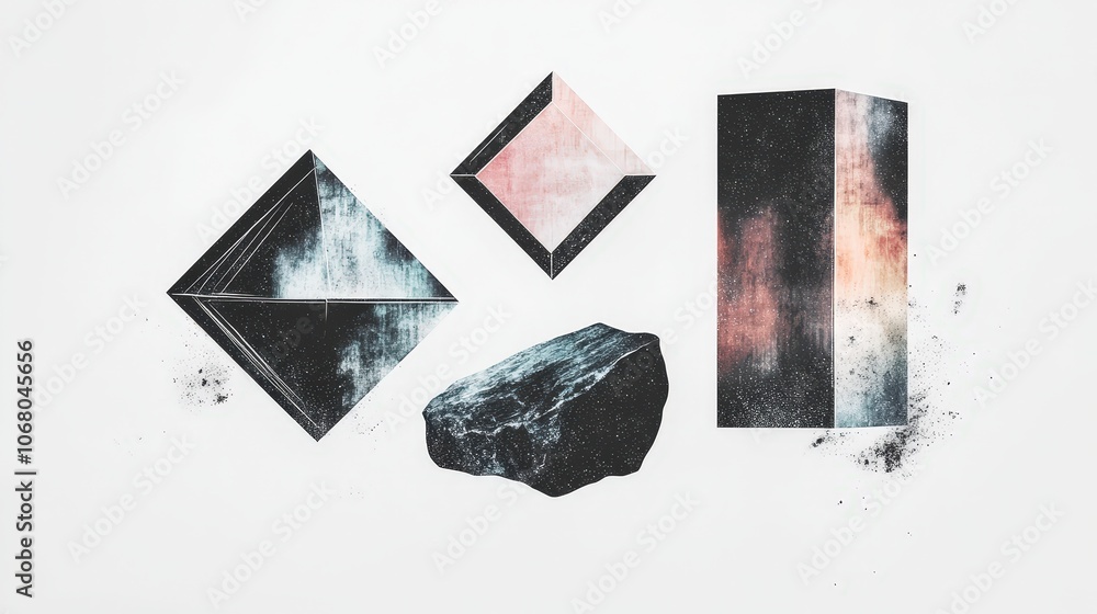 Poster geometric shapes floating in space with metallic finish