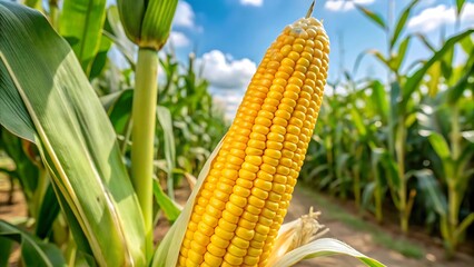 Beautiful yellow ear of corn in a corn plantation field, fresh and vibrant, agriculture, farm, crop, harvest, agriculture, rural, JPG, AI GENERATED