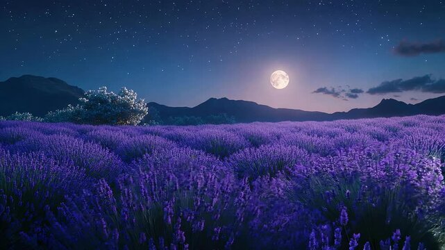 Lavender Field Under Starry Night Sky Seamless Loop Background