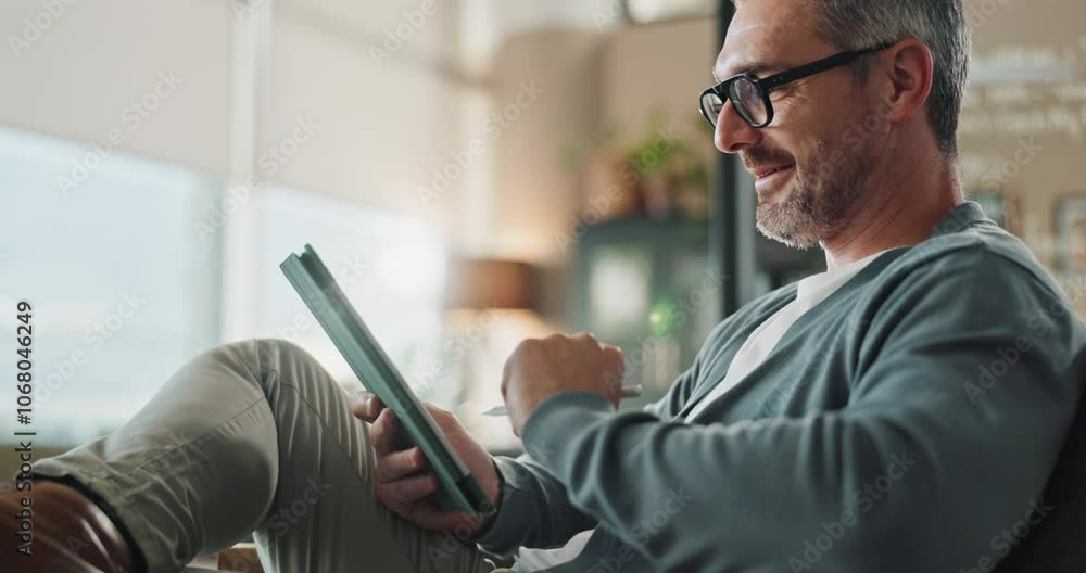 Poster Office, businessman and application with tablet for update, page review and development with tech pen. Workplace. mature person and web designer with digital for online system, software and solution
