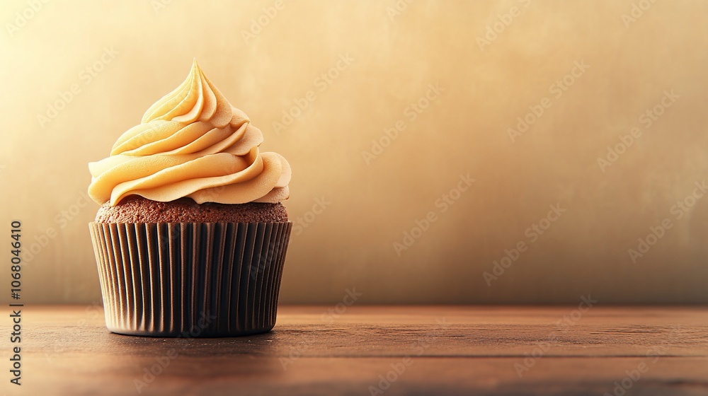 Poster a single cupcake with vanilla frosting sits on a rustic wooden table with a blurred background.